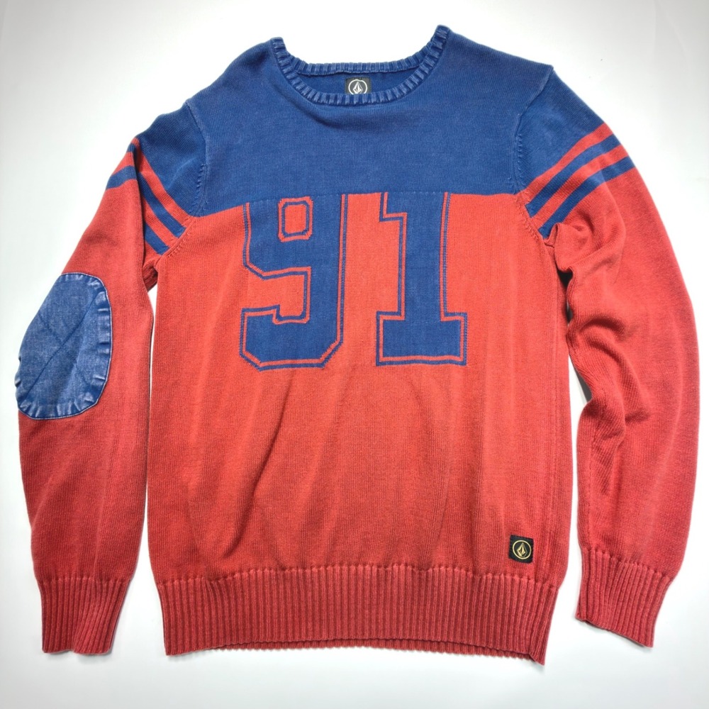 Volcom Sweeper Sweater Men's‎ Medium Red Blue Varsity Crewneck Elbow Patch